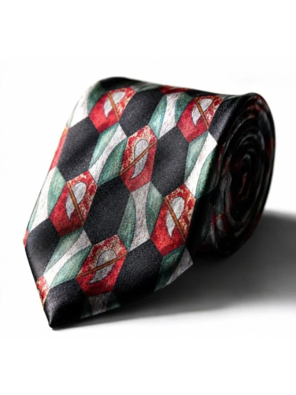 Arrow 100% Silk Tie Geometric Abstract Burgundy Red Black Green Vintage USA